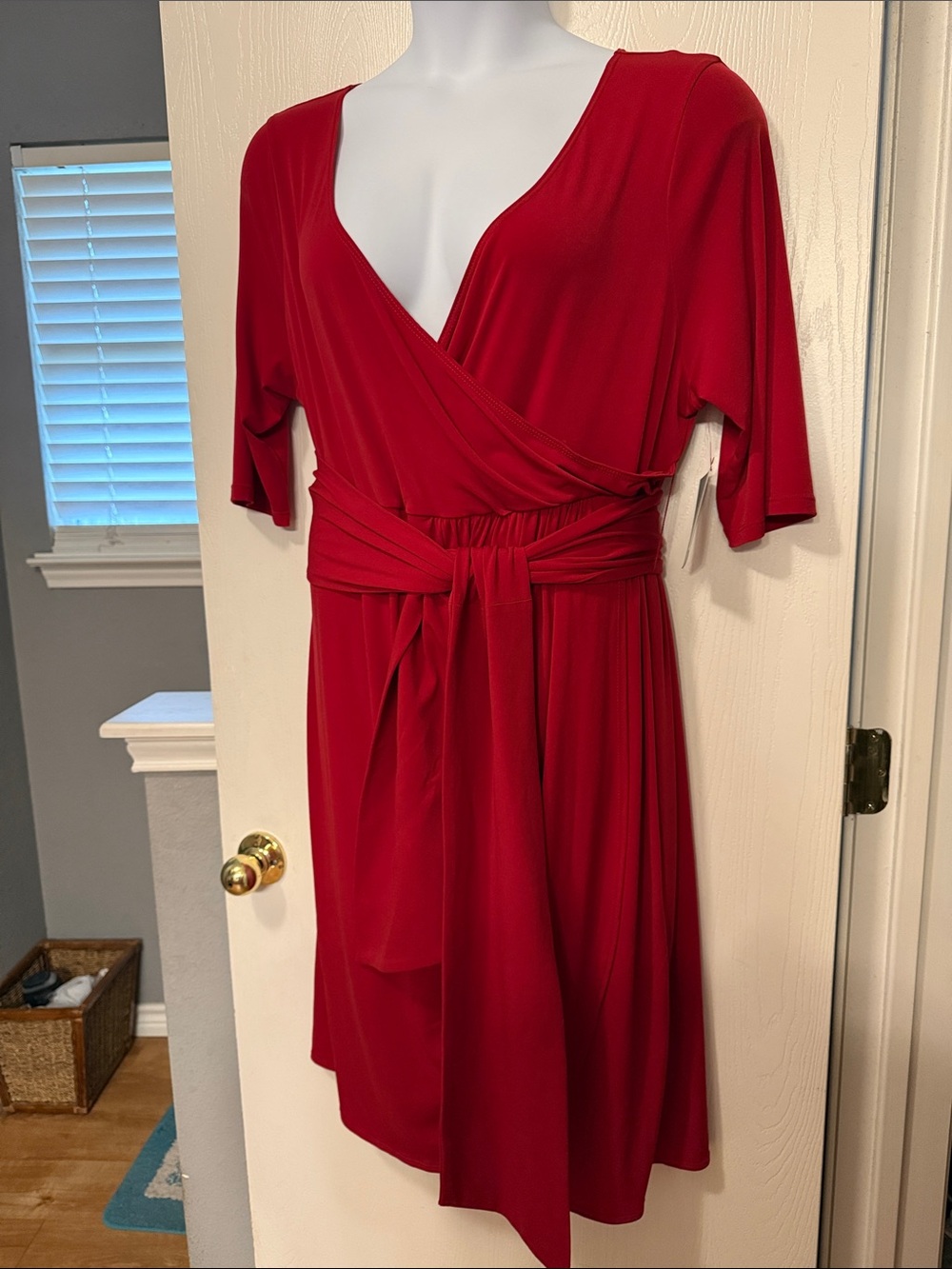 Kiyonna Vibrant Red Wrap-Front Midi Dress with Waist Tie